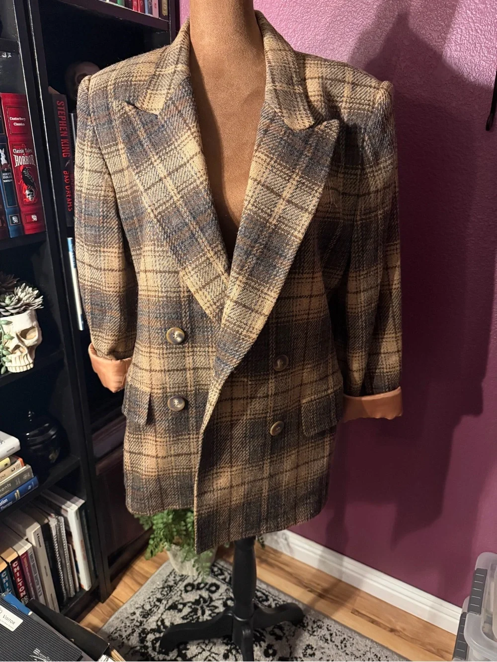 Plaid Double-Breasted Blazer- 100% wool